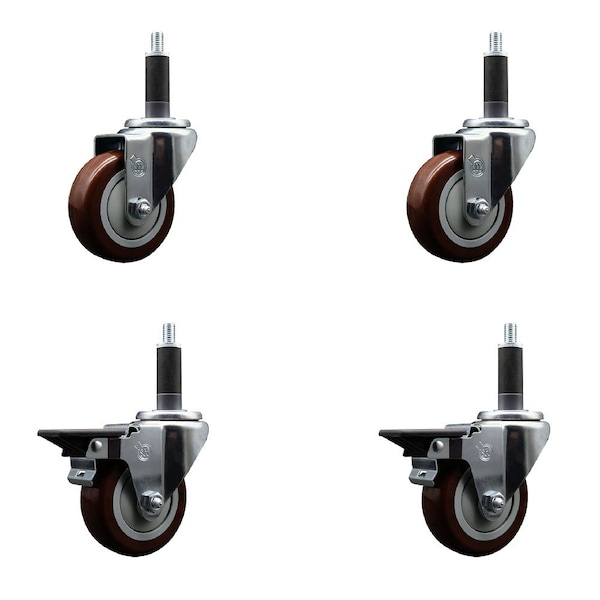 Service Caster 3.5'' Maroon Poly Wheel Swivel 1'' Expanding Stem Caster Set 2 Brakes, 4PK SCC-EX20S3514-PPUB-MRN-2-PLB-2-1 - main
